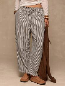 Freevana 大码休闲条纹休闲裤，百搭舒适，居家和度假皆宜 - 彩色 - 查看 5