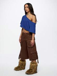 SUMWON WOMEN 露肩宽松短款T恤，不对称单肩短袖上衣，休闲日常穿着 - 藏蓝色 - 查看 4