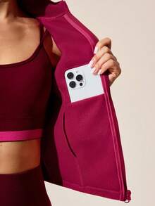 Dewbera Áo khoác thể thao cổ đứng màu trơn thường ngày, Thu/Đông - Màu Đỏ Sâu - Xem 3