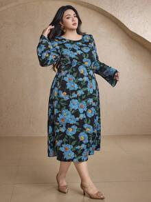 Dazy Plus Plus Size Women Floral Print Long Sleeve Dress, High-End Fitted Formal Gown Dress Boho - Blue - View 7