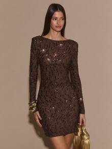 SHEIN BAE Autumn/Winter Women's Cocktail Party Nightclub Outfit Brown Round Neck Long Sleeve Backless Tie-Up Sequin Embellished Glamorous Mini Dress, Suitable For Cocktail Parties, Romantic Dates, Autumn/Winter Layering, Gatherings, Parties, Sequin Dress,Brown Dress,Dresses For Women Elegant,Valentine's Day,Valentine Outfits For Women - Brown - View 5
