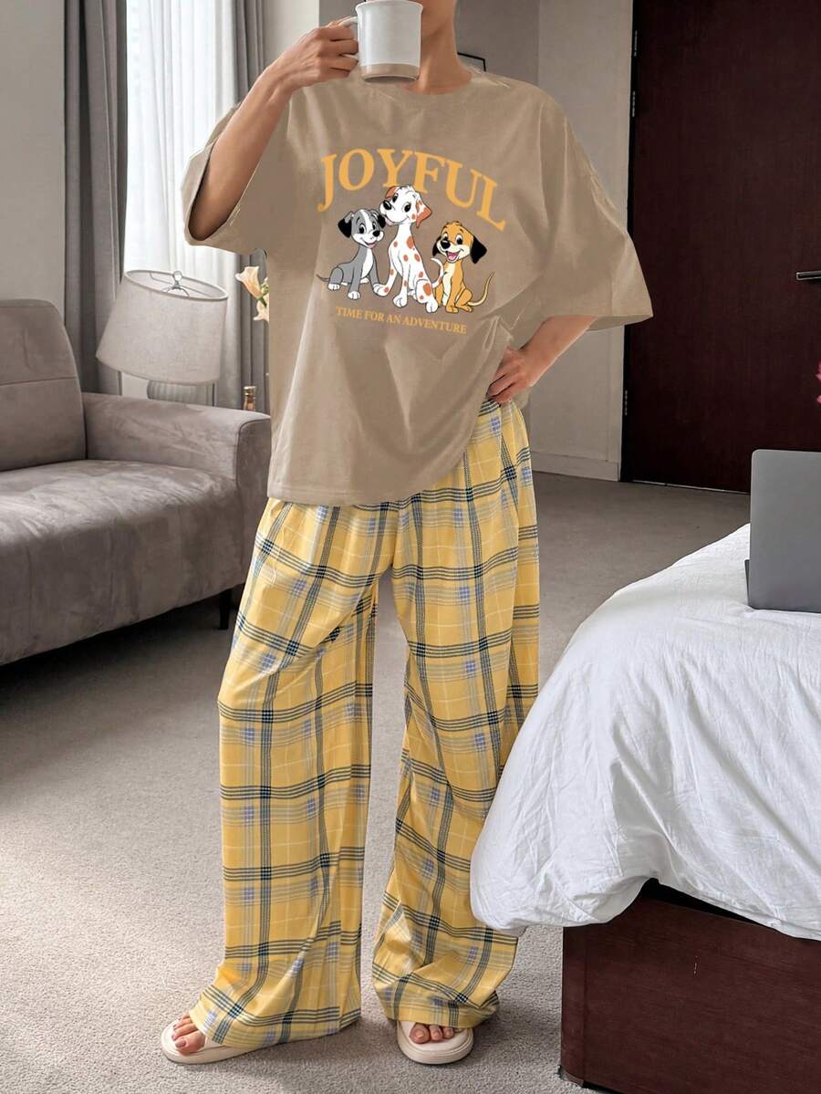 DAZY Women's Casual Puppy Letter Print T-Shirt Top & Plaid Loose Pants Pajama Set - Khaki - View 1