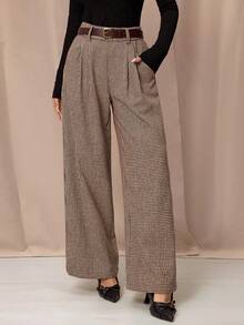 SHEIN PETITE 复古优雅女式修身格子直筒口袋裤，卡其色文艺复兴博览会旧钱商务休闲女装商务休闲女装工作服女装旧钱风格女装商务休闲女装教堂服装女装 - 棕色 - 查看 3