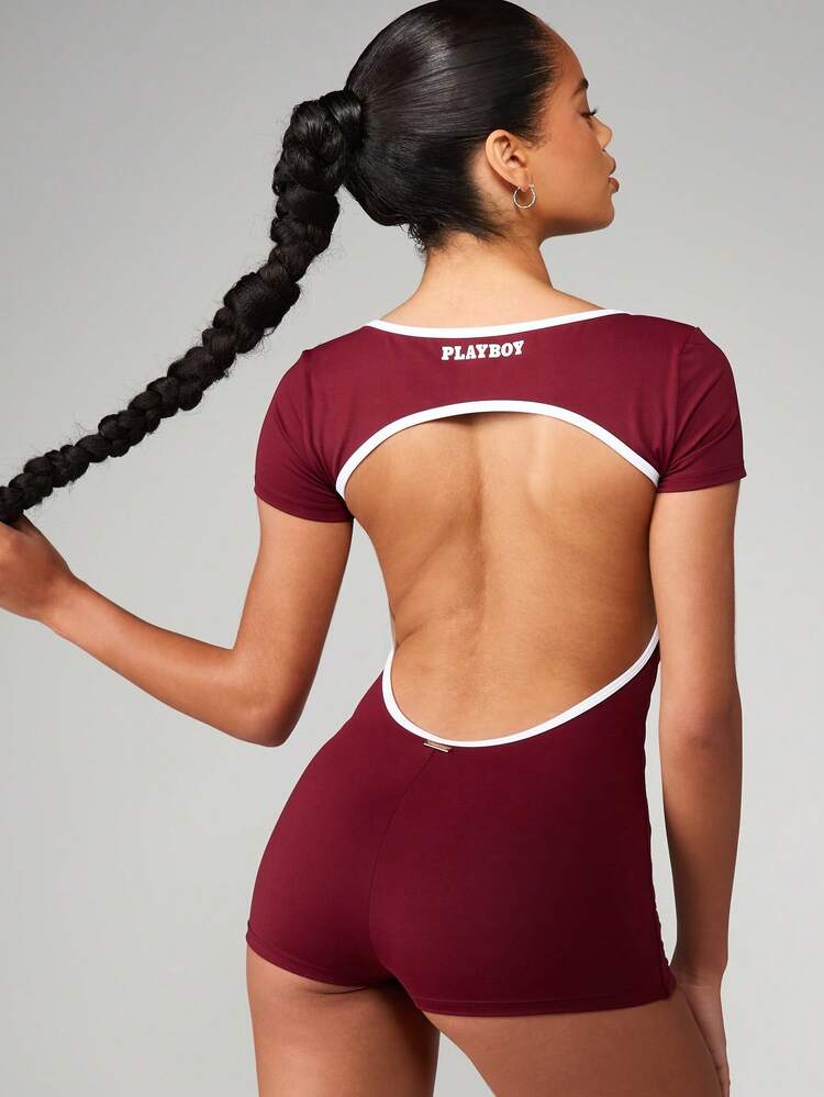 Missguided x Playboy Athletic Cap Sleeve Unitard With Contrast Trim And Open Back Design For Sports And Active Lifestyle