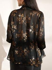 Zelara Bluzka damska w dużym rozmiarze w stylu vintage, elegancka, złota folia, kołnierzyk typu żabot, bufiaste rękawy, wiosenno-jesienna, czarno-złota góra, czarna koronkowa koszula, eleganckie bluzki, przezroczysta bluzka, czarny top, czarny top z gorsetem, zimowy Nowy Rok, Święto Dziękczynienia, eleganckie bluzki damskie na imprezę w dużym rozmiarze, lśniąca góra, zimowa, przytulna, jesienno-zimowa, świąteczna impreza - Czarne - Zobacz 7