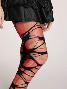 ROMWE Grunge Punk 1 Pair Of Minimalist Red Stockings (The Stockings Need To Be Manually Torn By Yourself) + 1 Pair Of Ripped Black Pantyhose, Y2K Pantyhose Stacking Combination Set, Daily Versatile Semi-Transparent Sexy Elastic Pantyhose - Multicolor - View 6
