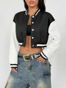 SHEIN PETITE 1 pieza Chaqueta bomber ligera de mujer con bloques de color contrastantes, ropa casual para el trayecto en otoño/invierno - Negro - Ver 3