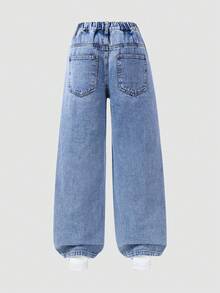 SHEIN Explorewe 少女Y2K高腰浅色水洗休闲街头风十字绣阔腿牛仔裤，秋季喇叭裤波西米亚海滩音乐节、毕业典礼、圣诞节、情人节Y2K 90年代牛仔裤，粉色十字绣牛仔刺绣 - 藍色 - 查看 2