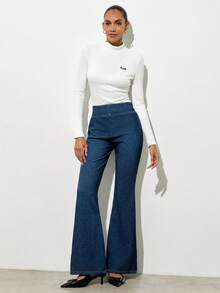 Maija Women's Blue Thermal Lined High-Waisted, Slim-Fitting Flared Jeans, Comfortable And Stretchy Fabric, Perfect For Winter. - Dark Wash - View 7
