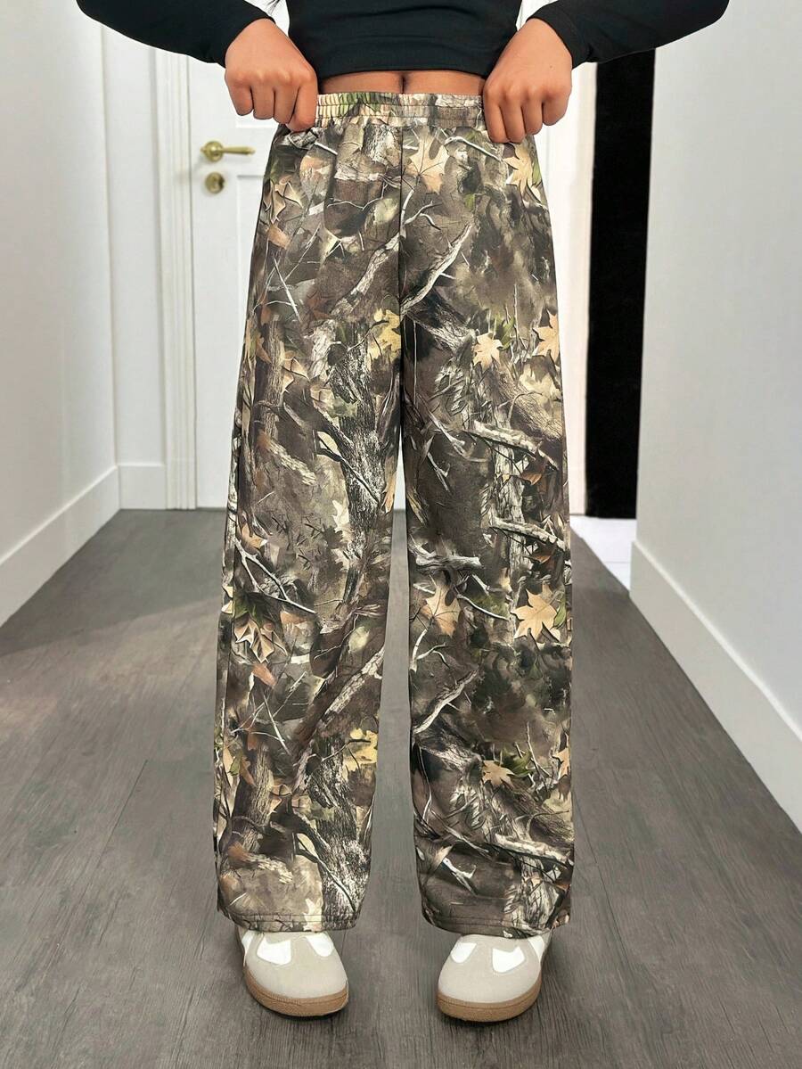 SHEIN Quần nỉ rộng rãi, cạp chun, in hình cành cây, thích hợp cho bé gái tuổi teen, kiểu dáng cơ bản, đa năng mặc hàng ngày, thích hợp cho mùa tựu trường. - xanh quân đội - Xem 1