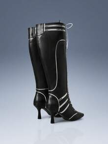 CUCCOO GRLICON 女式尖头系带黑白拼色及膝靴，适合圣诞节、新年派对、约会之夜、春季休闲、万圣节、赛车风格