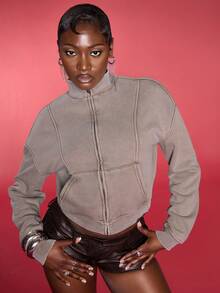 Normani Washed Zip Through Jacket Sweatshirt Tracksuit Seam Detail Back To School Autumn Winter Cosy Fall Christmas Cute Casual Everyday Capsule Wardrobe Y2K Streetwear - Brown - View 5