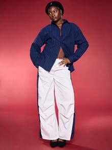 Normani Women's Navy Striped Drop Shoulder Long Sleeve Single-Breasted Back Cutout Tie Shirt Daily Wear,Fall Women Clothes,Sexy Women Tops,Business Casual Women - Navy Blue - View 7