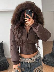 Coolane Women's Winter Streetwear Basic Daily Wear Quilted Coat With Flannelette Hat Brown Warm/ Cold Weather/ Thermal Crop Jacket,Women's Winter Clothes - Brown - View 1