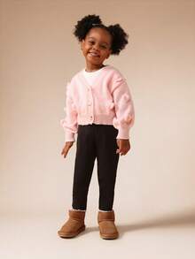 SUMWON Chaqueta de punto corta con botones rosa para niñas, con pompones en forma de corazón y mangas largas - Rosa Pálido - Ver 5