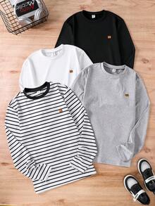 Vacaura 4 件套青少年男童休闲基本款条纹圆领长袖 T 恤，适合秋季穿着，冬季可作为夹克内搭