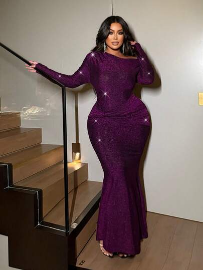 NU&NOW Plus Size Autumn Glitter Fabric Asymmetric Neck Long Sleeve Ruched Waist Fishtail Hem Bodycon Party Dress
