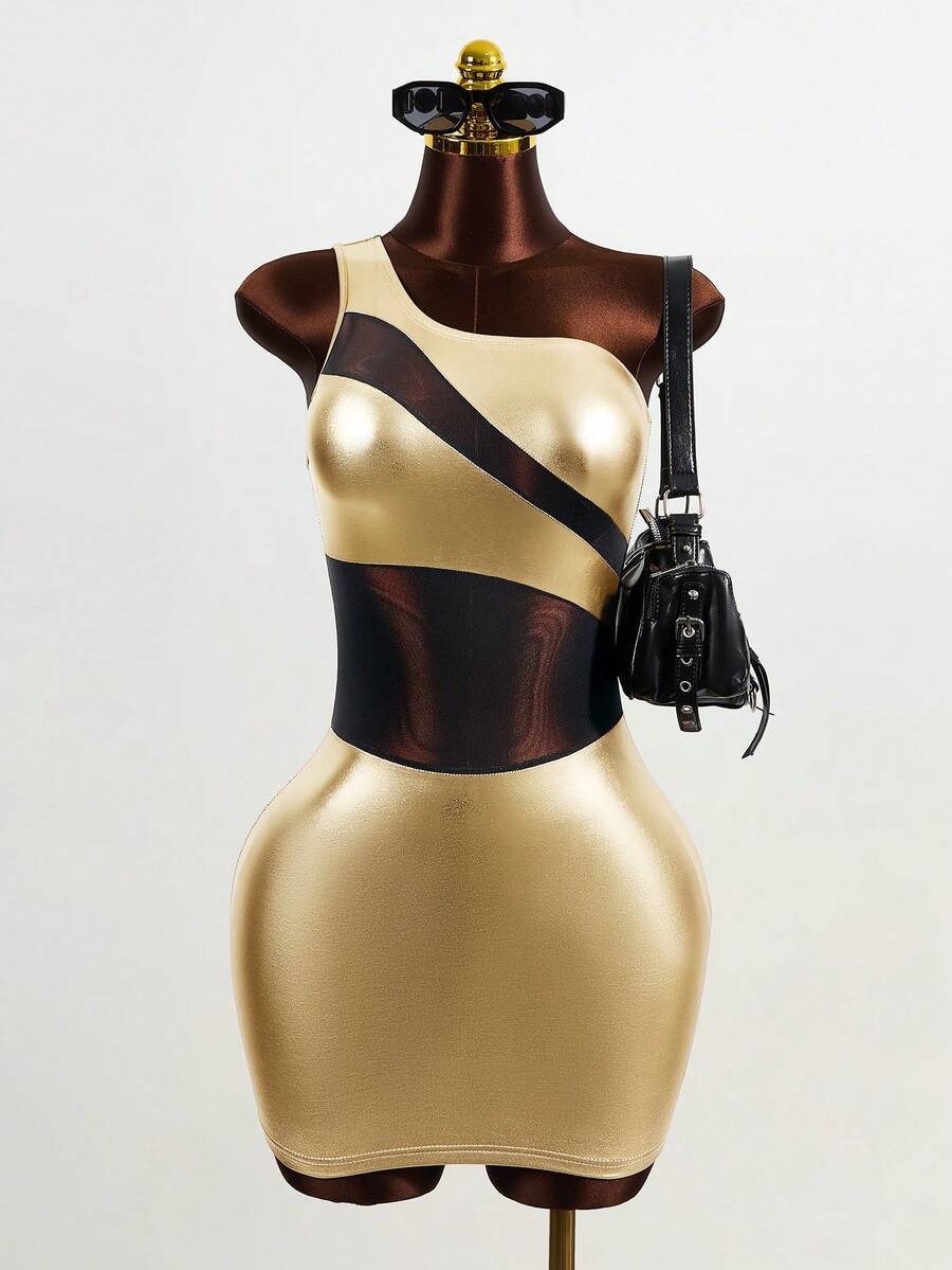 BamGleam 时尚性感撞色网眼拼布紧身迷你连衣裙 - 金色 - 查看 1