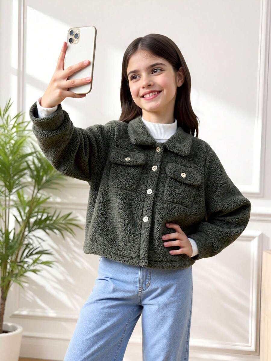 Solid Color Long Sleeve Collar Faux Fur Jacket For Tween Girl Fall Winter - Army Green - View 1