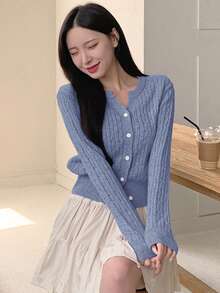 DAZY Áo khoác len cardigan xoắn đơn giản dành cho nữ, cài nút, tay dài, thu/đông - Màu xanh lam - Xem 5