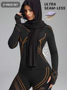 Innovista Conjunto de ropa deportiva sin costuras, de alto soporte, de secado rápido, adecuado para uso diario, yoga, pilates, entrenamiento HIIT, de la oficina al gimnasio, mallas, ropa estructurada de otoño, camiseta de manga larga, mallas con protección UV, cómodo, funcional, malla transpirable, control de abdomen, compresión y moldeado, adecuado para ejercicio aeróbico, correr, deportes al aire libre, ropa deportiva de otoño e invierno, diseño a rayas