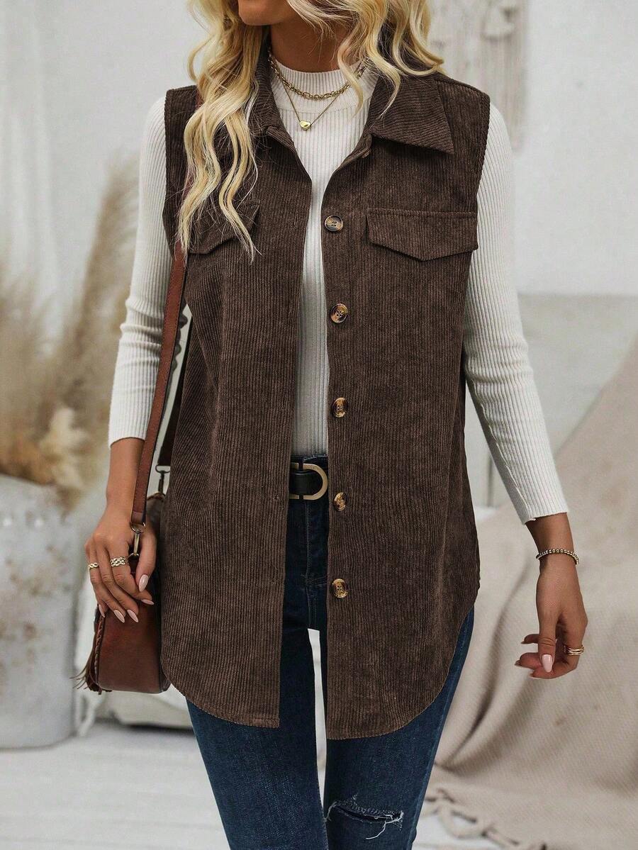 SHEIN LUNE 女士休闲无袖夹克，纯色，秋季 - 棕色 - 查看 1