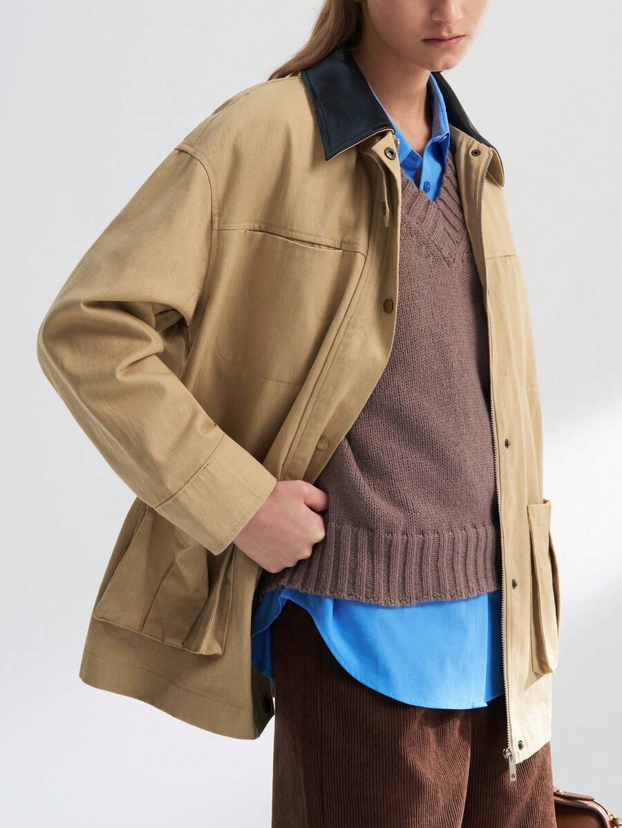 INAWLY Áo khoác da nữ dáng rộng nhiều túi cổ và tay áo tương phản - Màu Khaki - Xem 1