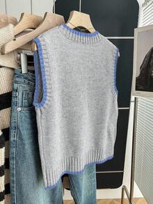 Franclia 女式休闲宽松圆领无袖针织撞色饰边卡其色毛衣上衣，春秋季 - 彩色 - 查看 2