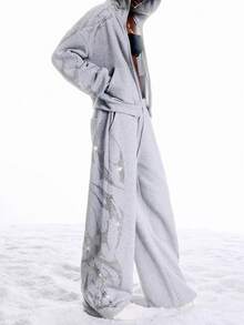 LYSMO 2025新款女士极简主义冬季休闲日常灰色水钻抽绳腰阔腿保暖闪亮运动裤，适合外出、街头风冬季穿搭、秋冬圣诞派对新年造型，亮片闪耀长裤 - 淺灰色 - 查看 5