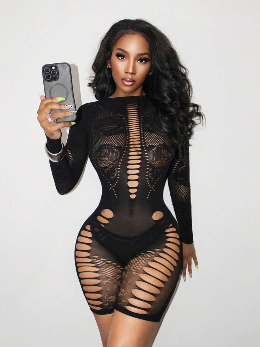 BamGleam Women's Sexy Hollow-Out Mesh Bodysuit