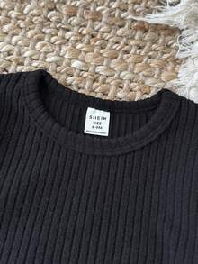 SHEIN 女婴简约黑色纯色修身圆领长袖上衣和喇叭裤套装，适合外出、约会、通勤、购物、休闲、运动、健身、聚会 - 黑色 - 查看 8