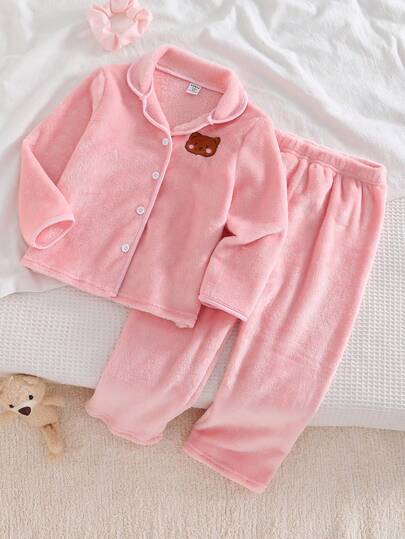 2件套 女童简约粉色小熊图案长袖上衣和裤子 舒适保暖抓绒睡衣