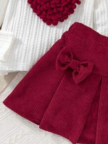 4-7Y Girls Casual Sweet White Knit Jacquard Bow Decor Ruffle Trim Long Sleeve Crew Neck Top & Pink Corduroy Elastic Waist Pleated Skirt, Suitable For Daily Wear, Casual Outing - Multicolor - View 6