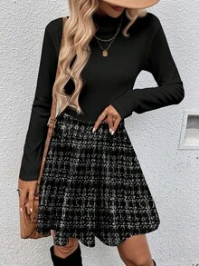 SHEIN LUNE 2pcs/Set Black Ribbed Turtleneck Long Sleeve Top + Plaid A-Line Midi Skirt, Fashionable Casual Outfit For Autumn/Winter
