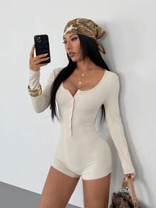 SHEIN PETITE 女式时尚纯色半拉链长袖休闲针织连体裤