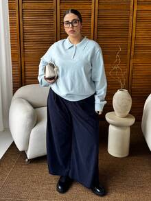 Dazy Plus Plus Size Women Solid Color Polo Collar Half-Placket Casual Pullover Sweater, Autumn/Winter - Blue - View 5