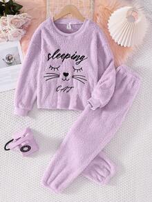 女童休闲毛绒猫咪图案刺绣长裤和长袖舒适睡衣套装 - 淡紫色 - 查看 3