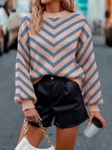 SHEIN LUNE Suéter feminino casual listrado com blocos de cores, outono/inverno - Damasco - Ver 4