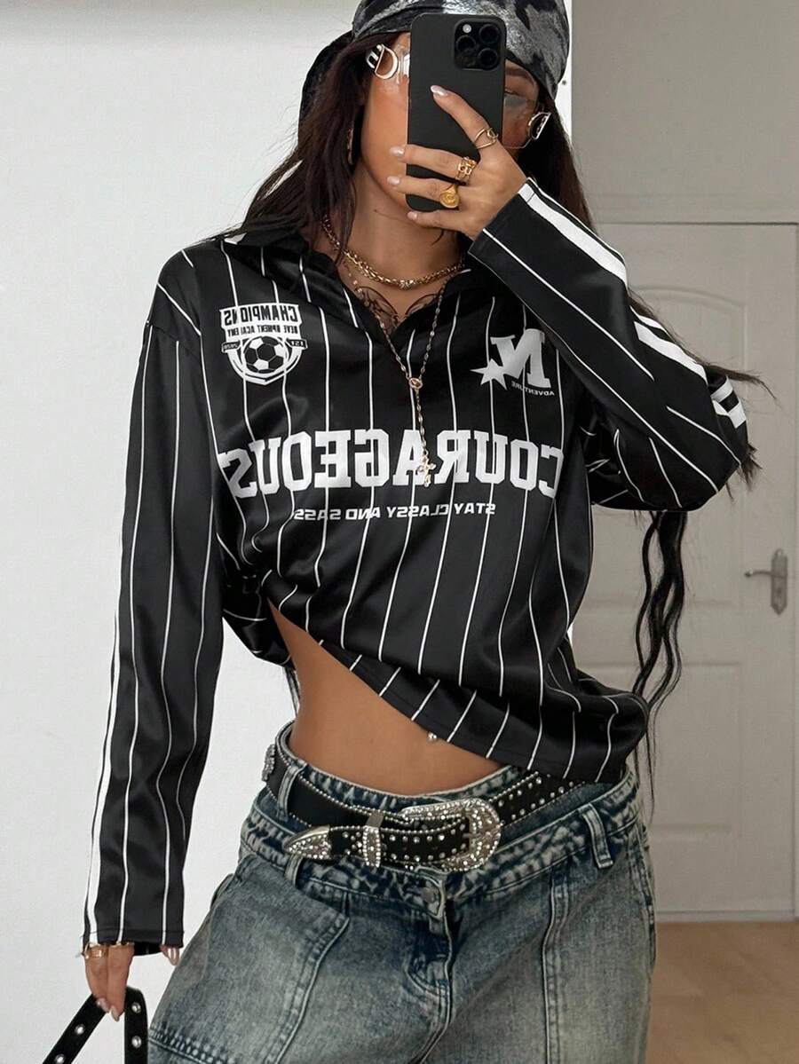 Coolane 女士秋季俱乐部街头风 Y2K 复古乡村音乐会图案条纹缎面 V 领长袖针织 T 恤 - 黑色 - 查看 1