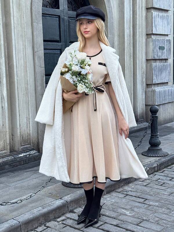 Teen Girls' Casual Colorblock Trim Waist Belt Round Neck Dress