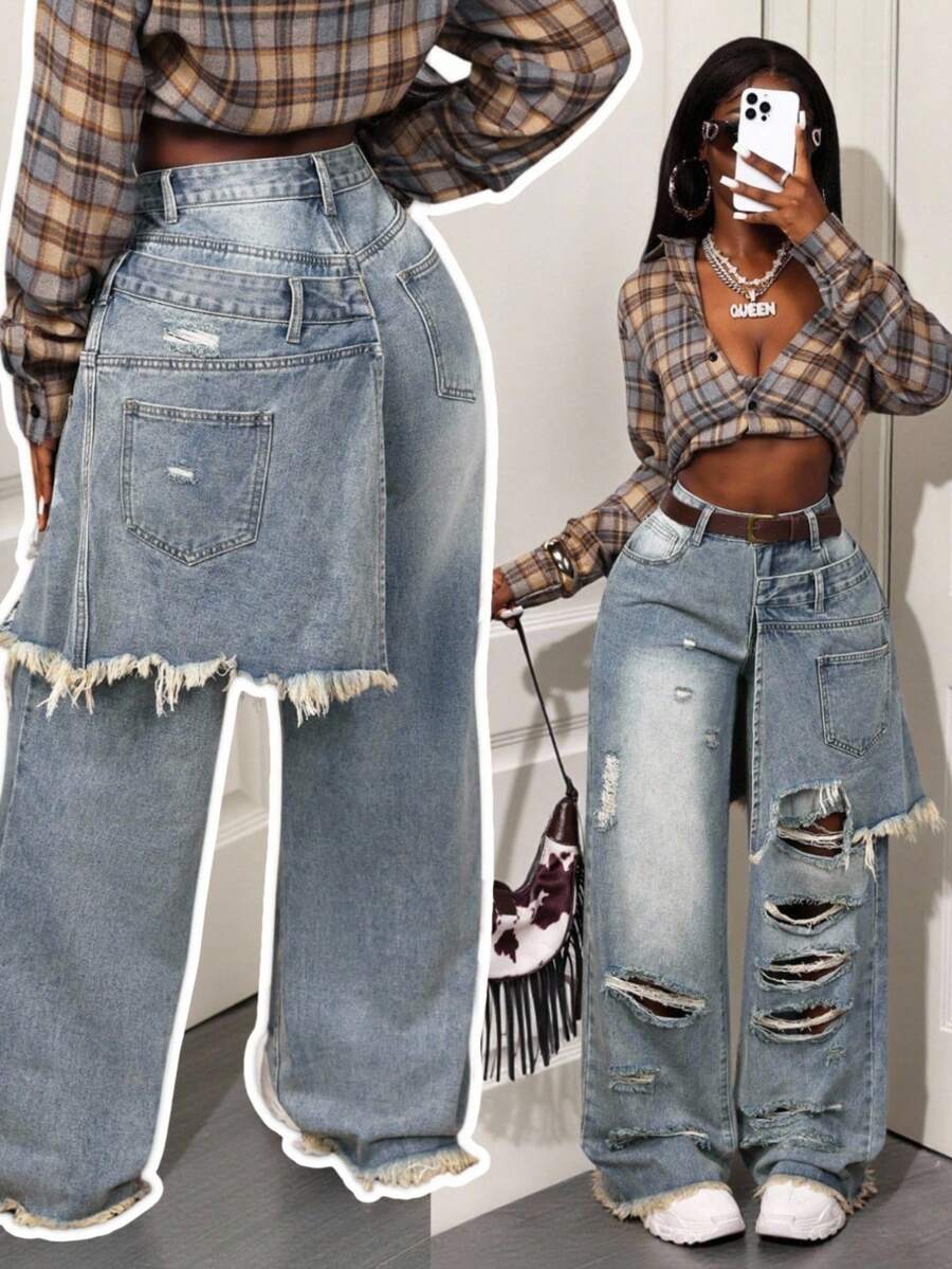 BamGleam Jeans anchos de pierna ancha con estilo casual de moda callejera, con efecto rasgado y bordes crudos para mujeres