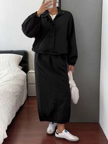 Livesso 女士秋冬加厚休闲宽松户外街头立领夹克外套和直筒裙两件套 - 黑色 - 查看 5