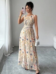 Rafferiza Đầm chữ A không tay cổ tròn phối lưới họa tiết hoa thanh lịch dành cho nữ, eo thắt eo - Màu be - Xem 8