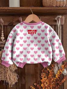 SHEIN Hello Kitty and Friends | Modeflare Wear 可爱女孩粉色波尔卡圆点心形休闲宽松柔软针织圆领套头衫，适合上学、社交、睡前、女婴 - 彩色 - 查看 4