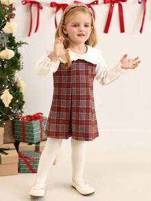 SHEIN Váy thu cho trẻ sơ sinh và bé gái, 6 tháng - 3 tuổi, họa tiết kẻ caro đỏ thời trang phong cách trường học có nơ 3D, cổ nhún bèo, tay bồng, thoải mái và mềm mại, thích hợp mặc vào mùa xuân, mùa thu, mùa đông, mặc thường ngày, làm quà tặng - Màu Đỏ Sâu - Xem 3