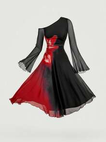 SHEIN MOD Plus Size Women's Vintage Alluring Black Asymmetric Shoulder Flowy Mid-Length Dress, With Red Floral Print On Side Waist, Long Sleeves And Bell Sleeves - Ideal For Women's Cocktail Dress, Formal, Birthday, Parade, Suitable For Dates, Parties, Holidays, Tea Parties And Balls,Party Dress - Multicolor - View 6