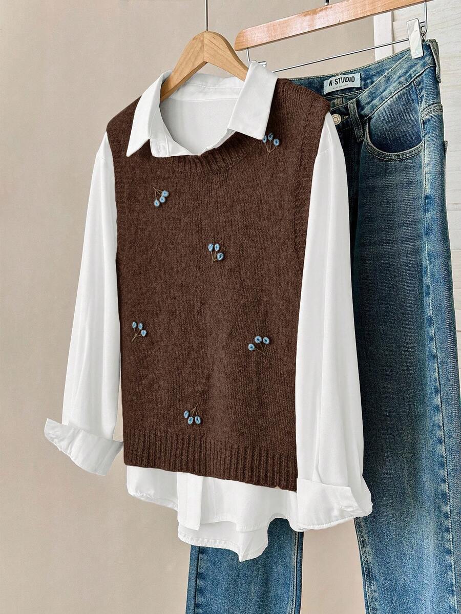 Modelyn Women's Solid Color Embroidered Crew Neck Sweater Vest,Fall,Fall Clothes For Women,Winter Clothes For Women - Coffee Brown - View 1