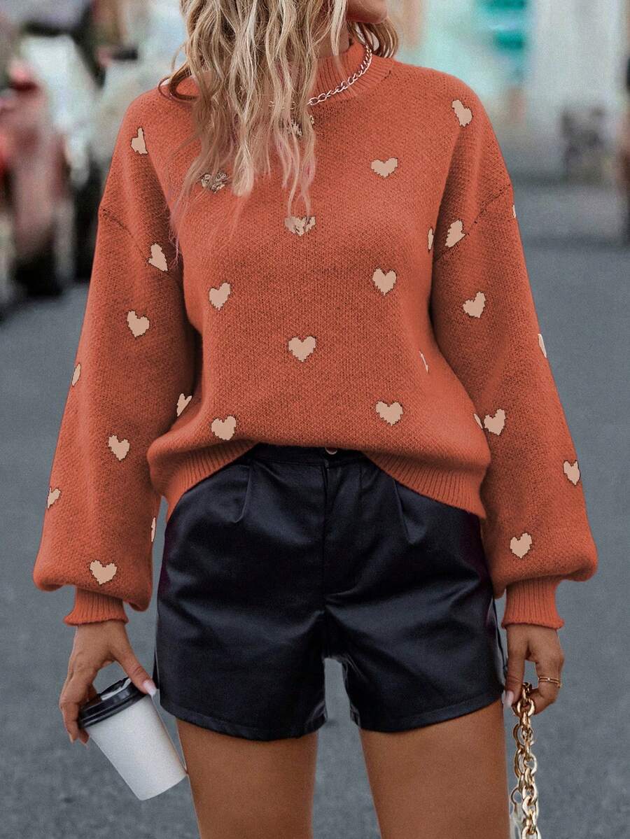 EMERY ROSE Heart Pattern Lantern Sleeve Sweater, Casual Autumn/Winter - Orange - View 1