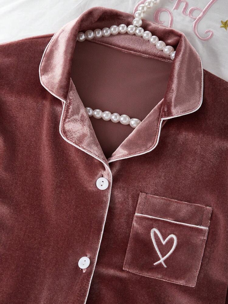 SHEIN 2 件套女童睡衣套装，休闲韩版羊毛心形刺绣开衫和长裤睡衣，浅粉色 - 藕粉色 - 查看 7