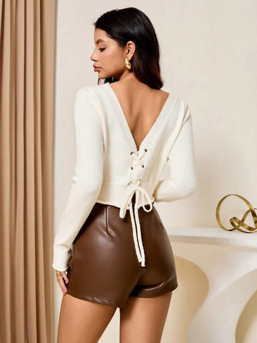 Lyxana 女式深 V 背绑带针织上衣 - 杏色 - 查看 1